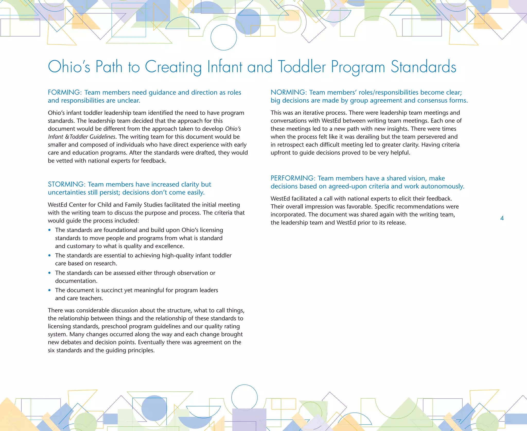 Ohio’s Path to Creating Infant and Toddler Program Standards
Forming: Team members need guidance and direction as roles                    Norming: Team members’ roles/responsibilities become clear;
and responsibilities are unclear.                                             big decisions are made by group agreement and consensus forms.
Ohio’s infant toddler leadership team identified the need to have program     This was an iterative process. There were leadership team meetings and
standards. The leadership team decided that the approach for this             conversations with WestEd between writing team meetings. Each one of
document would be different from the approach taken to develop Ohio’s         these meetings led to a new path with new insights. There were times
Infant Toddler Guidelines. The writing team for this document would be       when the process felt like it was derailing but the team persevered and
smaller and composed of individuals who have direct experience with early     in retrospect each difficult meeting led to greater clarity. Having criteria
care and education programs. After the standards were drafted, they would     upfront to guide decisions proved to be very helpful.
be vetted with national experts for feedback.

                                                                              performing: Team members have a shared vision, make
storming: Team members have increased clarity but                             decisions based on agreed-upon criteria and work autonomously.
uncertainties still persist; decisions don’t come easily.
                                                                              WestEd facilitated a call with national experts to elicit their feedback.
WestEd Center for Child and Family Studies facilitated the initial meeting    Their overall impression was favorable. Specific recommendations were
with the writing team to discuss the purpose and process. The criteria that   incorporated. The document was shared again with the writing team,
would guide the process included:                                                                                                                            
                                                                              the leadership team and WestEd prior to its release.
•	
  The standards are foundational and build upon Ohio’s licensing
  standards to move people and programs from what is standard
  and customary to what is quality and excellence.
•	
  The standards are essential to achieving high-quality infant toddler
  care based on research.
•	
  The standards can be assessed either through observation or
  documentation.
•	  he document is succinct yet meaningful for program leaders
   T
   and care teachers.

There was considerable discussion about the structure, what to call things,
the relationship between things and the relationship of these standards to
licensing standards, preschool program guidelines and our quality rating
system. Many changes occurred along the way and each change brought
new debates and decision points. Eventually there was agreement on the
six standards and the guiding principles.
 