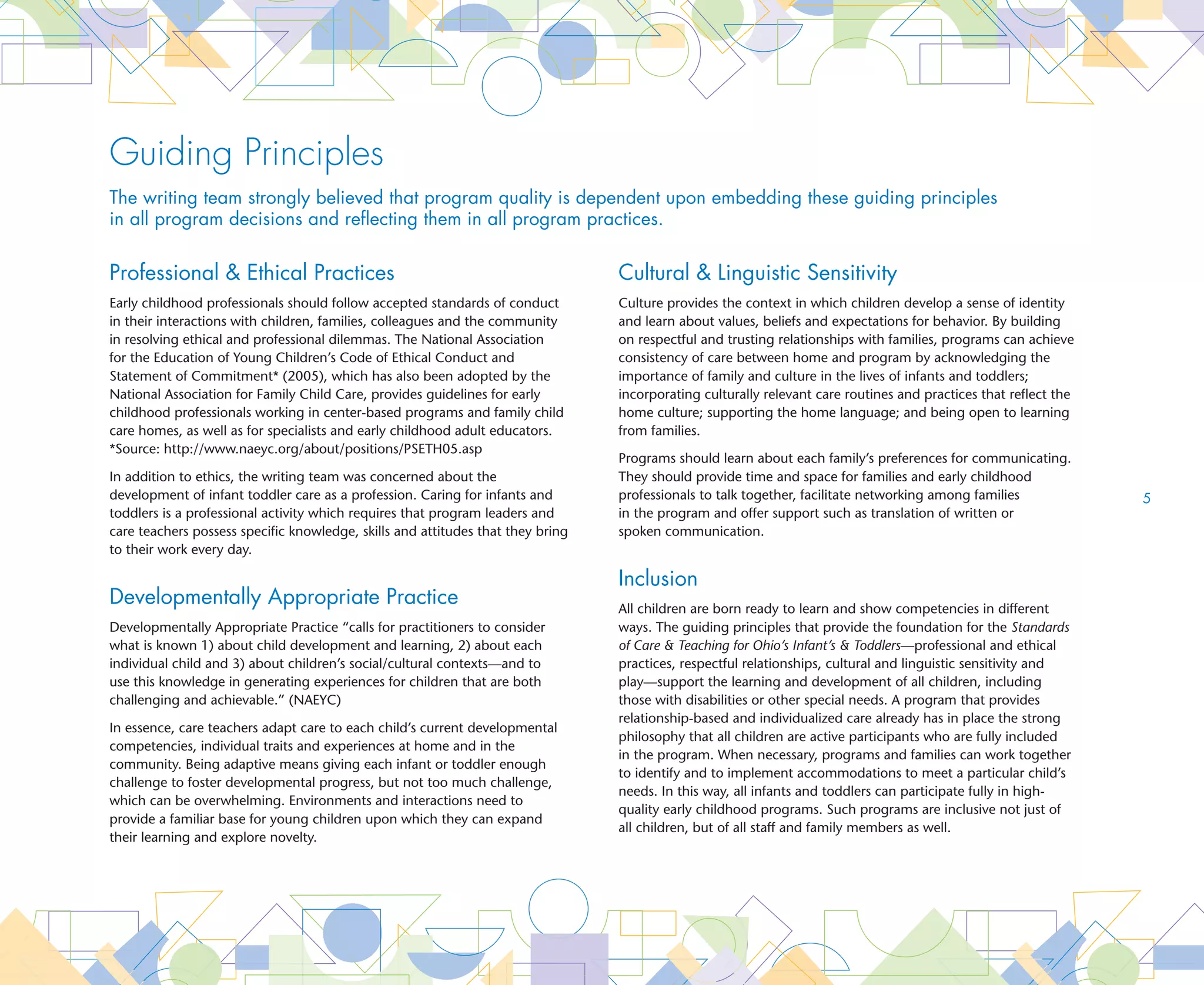 Guiding Principles
The writing team strongly believed that program quality is dependent upon embedding these guiding principles
in all program decisions and reflecting them in all program practices.


Professional  Ethical Practices                                                 Cultural  Linguistic Sensitivity
Early childhood professionals should follow accepted standards of conduct        Culture provides the context in which children develop a sense of identity
in their interactions with children, families, colleagues and the community      and learn about values, beliefs and expectations for behavior. By building
in resolving ethical and professional dilemmas. The National Association         on respectful and trusting relationships with families, programs can achieve
for the Education of Young Children’s Code of Ethical Conduct and                consistency of care between home and program by acknowledging the
Statement of Commitment* (2005), which has also been adopted by the              importance of family and culture in the lives of infants and toddlers;
National Association for Family Child Care, provides guidelines for early        incorporating culturally relevant care routines and practices that reflect the
childhood professionals working in center-based programs and family child        home culture; supporting the home language; and being open to learning
care homes, as well as for specialists and early childhood adult educators.      from families.
*Source: http://www.naeyc.org/about/positions/PSETH05.asp
                                                                                 Programs should learn about each family’s preferences for communicating.
In addition to ethics, the writing team was concerned about the                  They should provide time and space for families and early childhood
development of infant toddler care as a profession. Caring for infants and       professionals to talk together, facilitate networking among families             
toddlers is a professional activity which requires that program leaders and      in the program and offer support such as translation of written or
care teachers possess specific knowledge, skills and attitudes that they bring   spoken communication.
to their work every day.

                                                                                 Inclusion
Developmentally Appropriate Practice                                             All children are born ready to learn and show competencies in different
Developmentally Appropriate Practice “calls for practitioners to consider        ways. The guiding principles that provide the foundation for the Standards
what is known 1) about child development and learning, 2) about each             of Care  Teaching for Ohio’s Infant’s  Toddlers—professional and ethical
individual child and 3) about children’s social/cultural contexts—and to         practices, respectful relationships, cultural and linguistic sensitivity and
use this knowledge in generating experiences for children that are both          play—support the learning and development of all children, including
challenging and achievable.” (NAEYC)                                             those with disabilities or other special needs. A program that provides
                                                                                 relationship-based and individualized care already has in place the strong
In essence, care teachers adapt care to each child’s current developmental
                                                                                 philosophy that all children are active participants who are fully included
competencies, individual traits and experiences at home and in the
                                                                                 in the program. When necessary, programs and families can work together
community. Being adaptive means giving each infant or toddler enough
                                                                                 to identify and to implement accommodations to meet a particular child’s
challenge to foster developmental progress, but not too much challenge,
                                                                                 needs. In this way, all infants and toddlers can participate fully in high-
which can be overwhelming. Environments and interactions need to
                                                                                 quality early childhood programs. Such programs are inclusive not just of
provide a familiar base for young children upon which they can expand
                                                                                 all children, but of all staff and family members as well.
their learning and explore novelty.
 