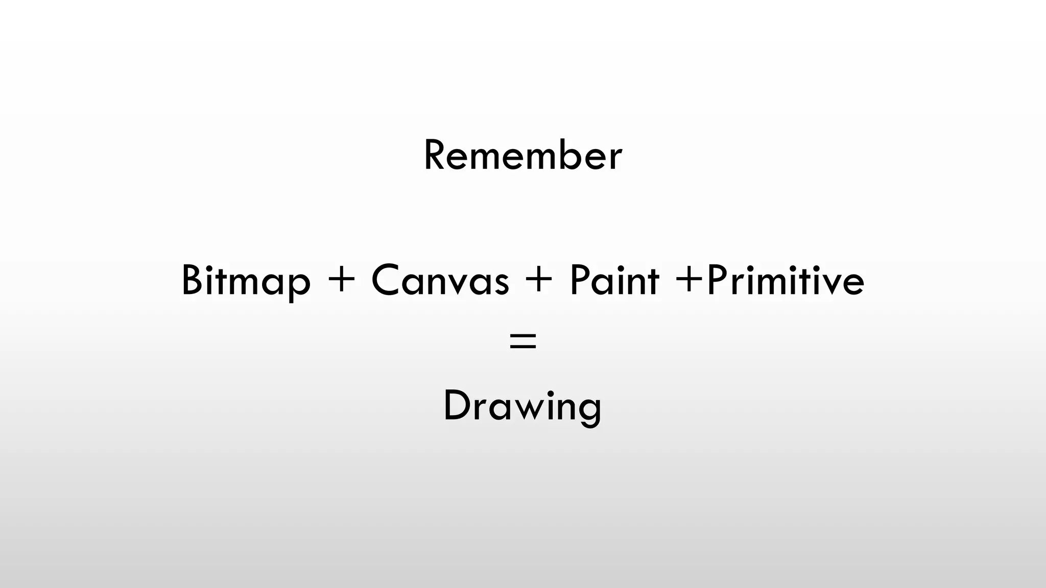 Remember
Bitmap + Canvas + Paint +Primitive
=
Drawing
 