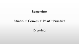 Remember
Bitmap + Canvas + Paint +Primitive
=
Drawing
 