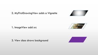 3. View class draws background
1. ImageView add src
2. MyFirstDrawingView adds a Vignette
 