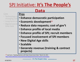 It’s The People’s Data
SPJ Initiative: It’s The People’s
Data
4/18/2015 17
Cons
• Technology is easy;
changing cultures is hard
• Long-term endeavor
• Mgmt/coordination a full-
time task
Pros
• Enhance democratic participation
• Economic development[1]
• Reduce data requests; cost of gov’t
• Enhance profile of local media
• Enhance profile of SPJ; recruit members
• Focused involvement of SPJ members
• New Digital Age skills
• Scalable
• Generate revenue (training & contract
projects)
[1] Joel Gurin. “Building Business with Open Government Data.” March 26, 2015
http://www.slideshare.net/centerforopendataenterprise/sxsw-panel-presentation
 