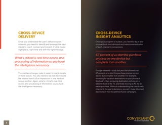 CROSS-DEVICE 
DELIVERY 
Once you understand the user’s behaviors and 
interests, you need to identify and leverage the best 
media to reach, connect and convert. It’s the classic 
right place, right time and with the right message. 
The media exchanges make it easier to reach people 
in more places. You also need to be able to evaluate 
the relative merits of an impression in one medium 
versus another. Again, what’s critical is real-time 
access and processing of information so you have 
the intelligence necessary. 
CROSS-DEVICE 
INSIGHT ANALYTICS 
Once your program is in place, you need to dig in and 
uncover both the individual and interconnected value 
of each channel in conversions. 
Google released a study last year that showed that 
67 percent of us start the purchase process on one 
device but complete it on another. For example, 
browsing for vacation destinations on your phone at 
Starbuck’s, then reviewing destination pictures on a 
tablet in front of the TV, and finally moving to PC for an 
easier purchase. Without understanding the role of each 
channel in the user’s decisions, you can’t make informed 
decisions on how to optimize future campaigns. 
67 percent of us start the purchase 
process on one device but 
complete it on another. 
What’s critical is real-time access and 
processing of information so you have 
the intelligence necessary. 
3 
 