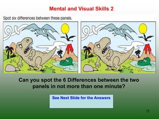 72
Mental and Visual Skills 2
See Next Slide for the Answers
Can you spot the 6 Differences between the two
panels in not more than one minute?
 