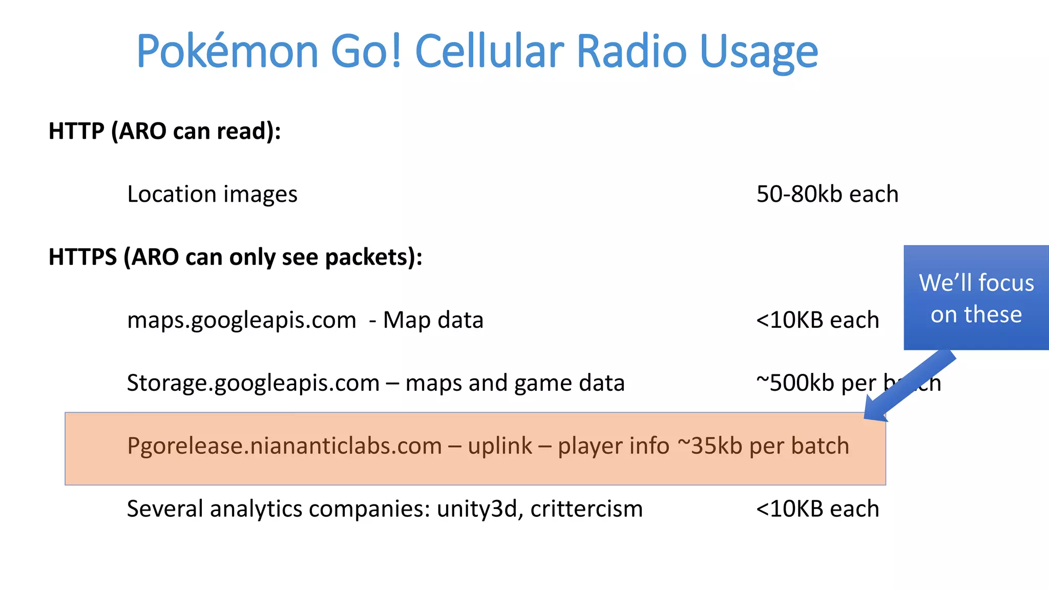 Pokémon Go! Cellular Radio Usage
HTTP (ARO can read):
Location images 50-80kb each
HTTPS (ARO can only see packets):
maps.googleapis.com - Map data <10KB each
Storage.googleapis.com – maps and game data ~500kb per batch
Pgorelease.niananticlabs.com – uplink – player info ~35kb per batch
Several analytics companies: unity3d, crittercism <10KB each
We’ll focus
on these
 