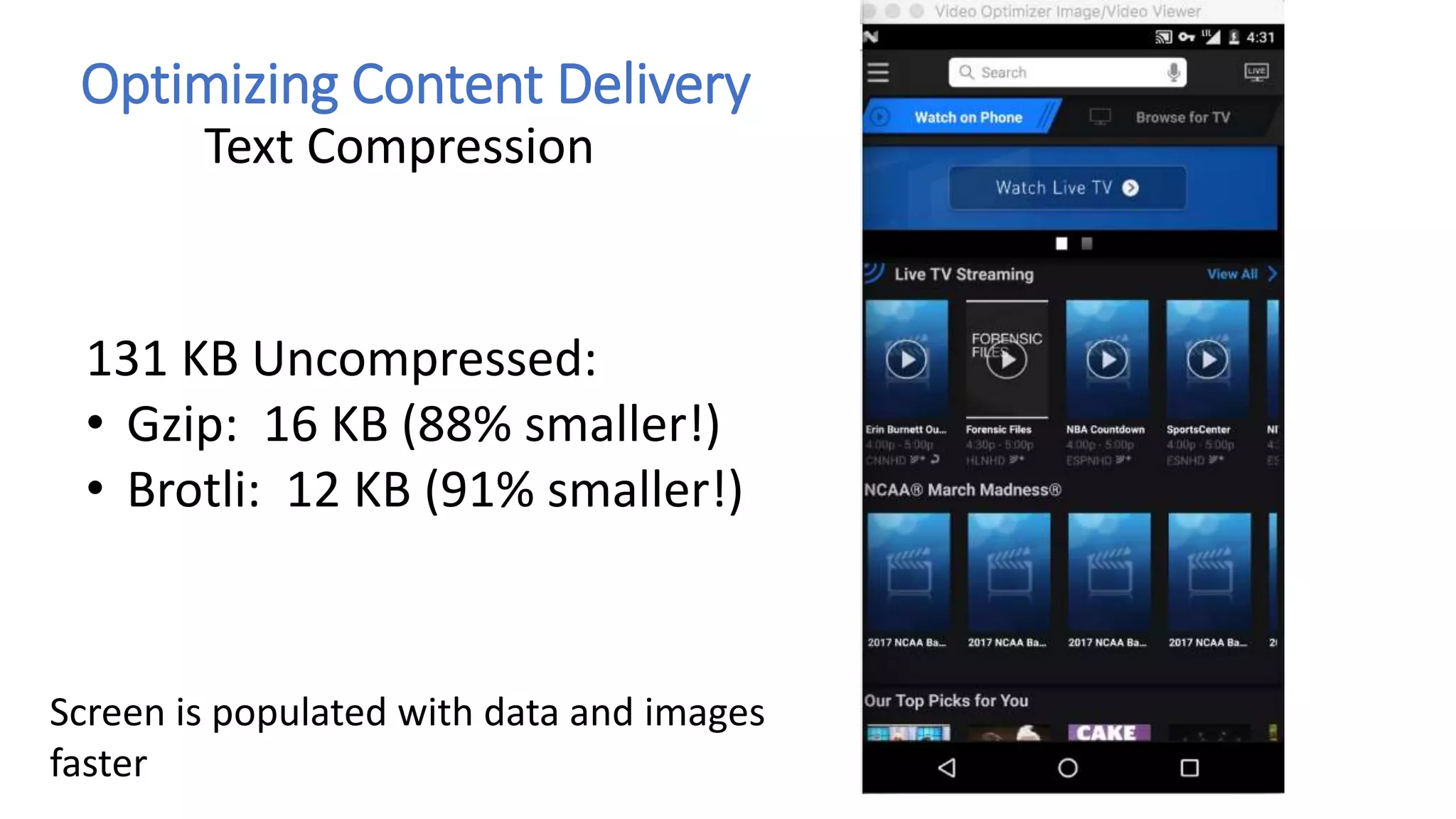 Optimizing Content Delivery
Text Compression
131 KB Uncompressed:
• Gzip: 16 KB (88% smaller!)
• Brotli: 12 KB (91% smaller!)
Screen is populated with data and images
faster
 