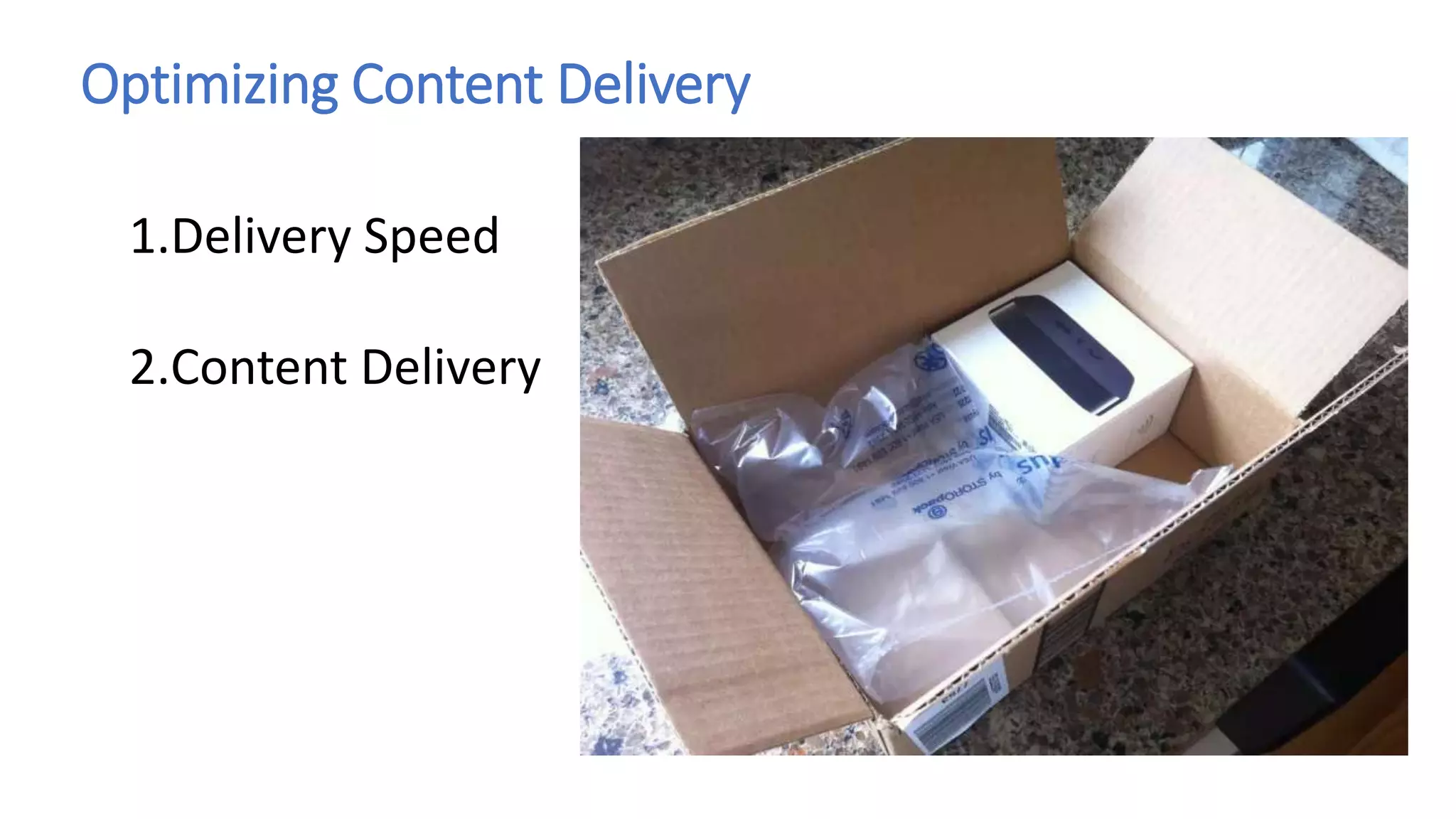 Optimizing Content Delivery
1.Delivery Speed
2.Content Delivery
 
