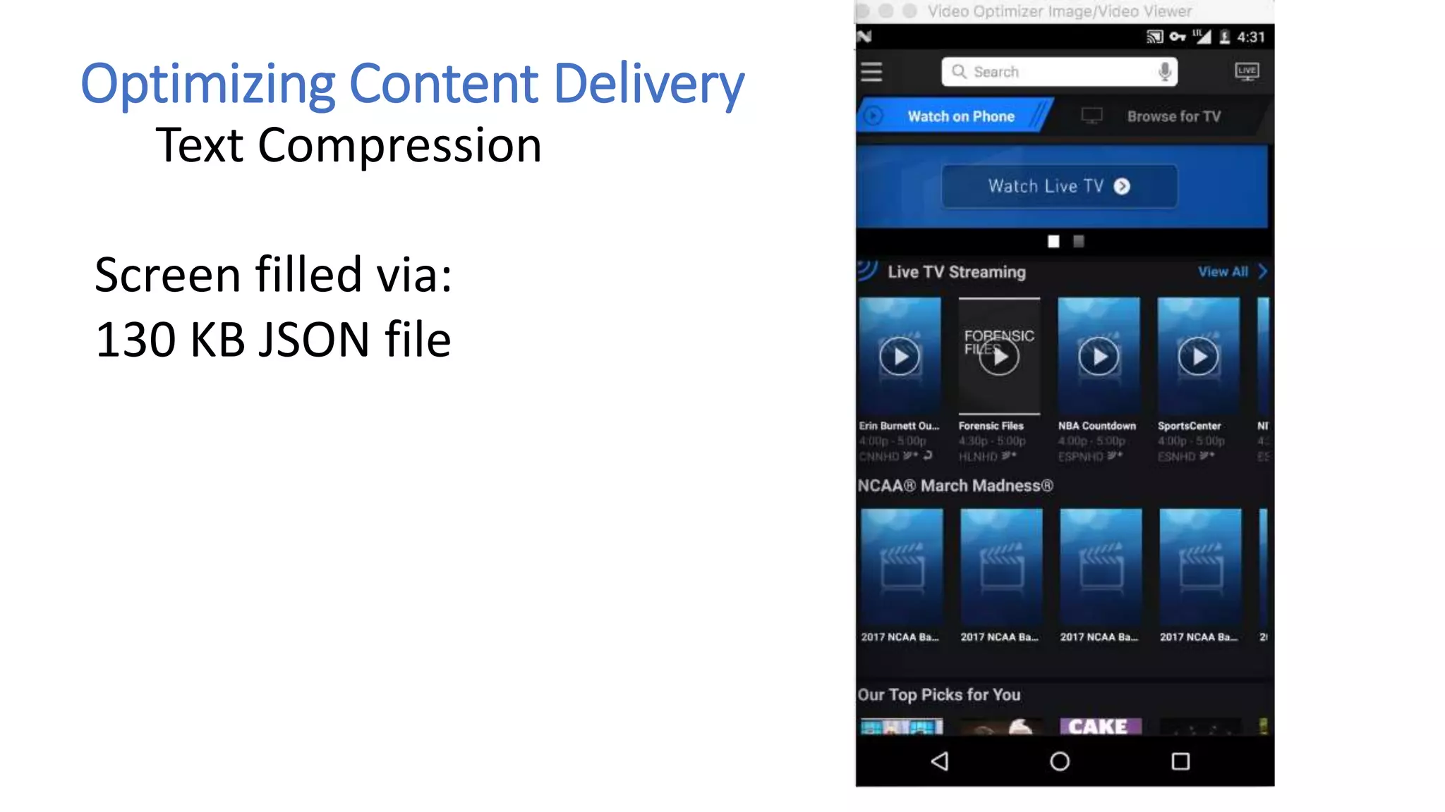 Optimizing Content Delivery
Text Compression
Screen filled via:
130 KB JSON file
 