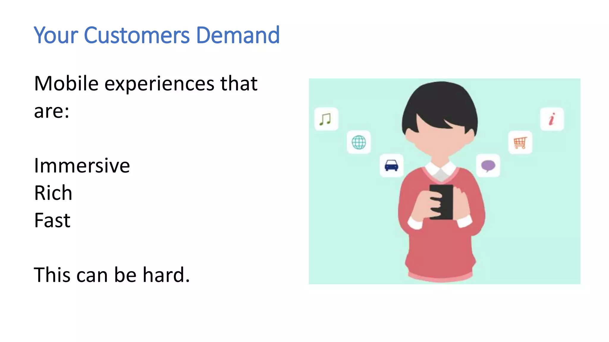 Your Customers Demand
Mobile experiences that
are:
Immersive
Rich
Fast
This can be hard.
 