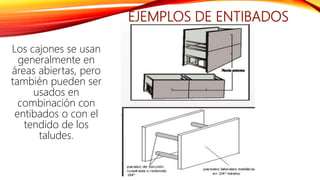 EJEMPLOS DE ENTIBADOS
Los cajones se usan
generalmente en
áreas abiertas, pero
también pueden ser
usados en
combinación con
entibados o con el
tendido de los
taludes.
 