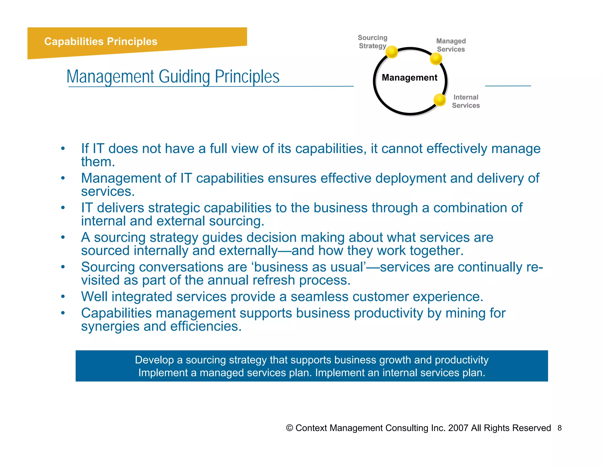 Sourcing
Capabilities Principles                                          Strategy
                                                                                   Managed
                                                                                   Services



       Management Guiding Principles                                   Management

                                                                                       Internal
                                                                                       Services




   •    If IT does not have a full view of its capabilities, it cannot effectively manage
        them.
   •    Management of IT capabilities ensures effective deployment and delivery of
        services.
   •    IT delivers strategic capabilities to the business through a combination of
        internal and external sourcing.
   •    A sourcing strategy guides decision making about what services are
        sourced internally and externally—and how they work together.
   •    Sourcing conversations are ‘business as usual’—services are continually re-
        visited as part of the annual refresh process.
   •    Well integrated services provide a seamless customer experience.
   •    Capabilities management supports business productivity by mining for
        synergies and efficiencies.

                  Develop a sourcing strategy that supports business growth and productivity
                  Implement a managed services plan. Implement an internal services plan.




                                                 © Context Management Consulting Inc. 2007 All Rights Reserved 8
 