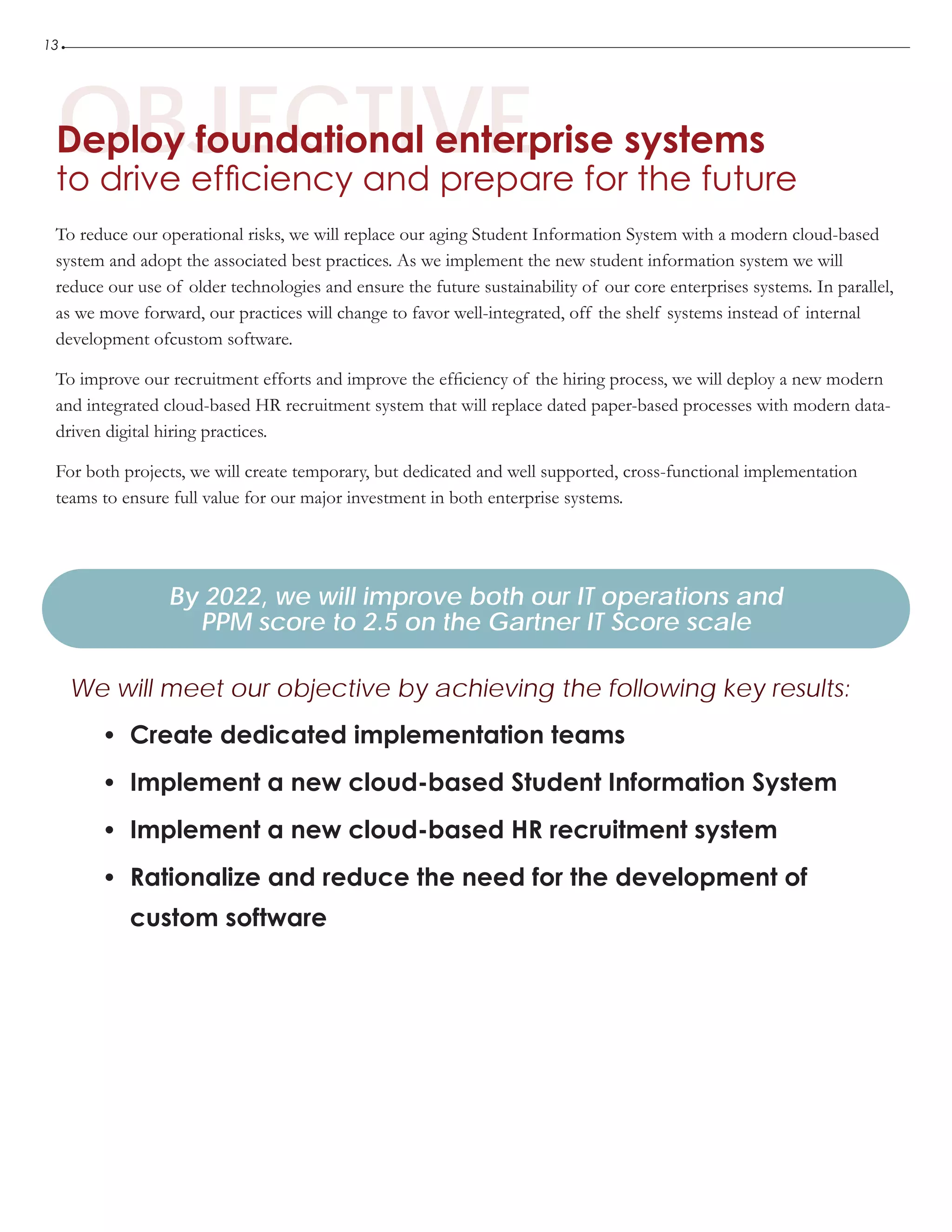 13
OBJECTIVEDeploy foundational enterprise systems
to drive efficiency and prepare for the future
•	 Create dedicated implementation teams
•	 Implement a new cloud-based Student Information System
•	 Implement a new cloud-based HR recruitment system
•	 Rationalize and reduce the need for the development of
custom software
By 2022, we will improve both our IT operations and
PPM score to 2.5 on the Gartner IT Score scale
We will meet our objective by achieving the following key results:
To reduce our operational risks, we will replace our aging Student Information System with a modern cloud-based
system and adopt the associated best practices. As we implement the new student information system we will
reduce our use of older technologies and ensure the future sustainability of our core enterprises systems. In parallel,
as we move forward, our practices will change to favor well-integrated, off the shelf systems instead of internal
development ofcustom software.
To improve our recruitment efforts and improve the efficiency of the hiring process, we will deploy a new modern
and integrated cloud-based HR recruitment system that will replace dated paper-based processes with modern data-
driven digital hiring practices.
For both projects, we will create temporary, but dedicated and well supported, cross-functional implementation
teams to ensure full value for our major investment in both enterprise systems.
 