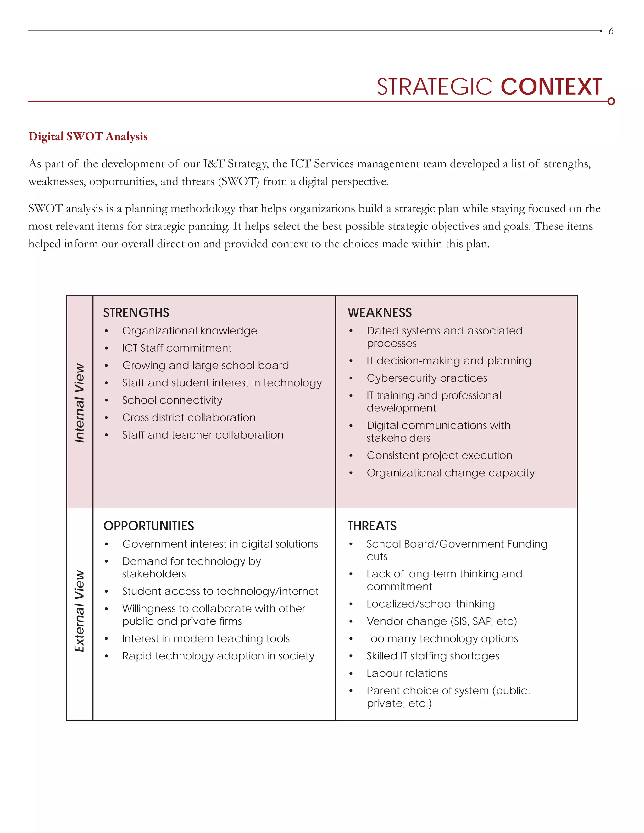 6
STRATEGIC CONTEXT
Digital SWOT Analysis
As part of the development of our I&T Strategy, the ICT Services management team developed a list of strengths,
weaknesses, opportunities, and threats (SWOT) from a digital perspective.
SWOT analysis is a planning methodology that helps organizations build a strategic plan while staying focused on the
most relevant items for strategic panning. It helps select the best possible strategic objectives and goals. These items
helped inform our overall direction and provided context to the choices made within this plan.
STRENGTHS
•	 Organizational knowledge
•	 ICT Staff commitment
•	 Growing and large school board
•	 Staff and student interest in technology
•	 School connectivity
•	 Cross district collaboration
•	 Staff and teacher collaboration
InternalViewExternalView
OPPORTUNITIES
•	 Government interest in digital solutions
•	 Demand for technology by
stakeholders
•	 Student access to technology/internet
•	 Willingness to collaborate with other
public and private firms
•	 Interest in modern teaching tools
•	 Rapid technology adoption in society
WEAKNESS
•	 Dated systems and associated
processes
•	 IT decision-making and planning
•	 Cybersecurity practices
•	 IT training and professional
development
•	 Digital communications with
stakeholders
•	 Consistent project execution
•	 Organizational change capacity
THREATS
•	 School Board/Government Funding
cuts
•	 Lack of long-term thinking and
commitment
•	 Localized/school thinking
•	 Vendor change (SIS, SAP, etc)
•	 Too many technology options
•	 Skilled IT staffing shortages
•	 Labour relations
•	 Parent choice of system (public,
private, etc.)
 