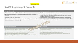 SWOT Assessment Example
11
Strengths (Internal) Weaknesses (Internal)
• Our reliable, professional, effective help desk staff.
• We apply a consistent focus on improving level of patient care and accessibility to
resources.
• Dedicated IT team with low turnover.
• Positive relationship with senior management, and level of alignment from a CEO-IT
Leader/CIO perspective tends to be high.
• Our IT budget is restricted to the point of under-resourcing.
• Very slow, bureaucratic approach to integration of new tech.
• The data quality in our organization is very poor, which also means that our business
intelligence capabilities are not mature.
• The majority of our IT team is split amongst multiple functions and operational roles.
• Large number of vendors that makes the practice of managing and consolidating difficult.
• Low rate of new tech adoption due to user preferences.
Opportunities (External) Threats (External)
• It is becoming increasingly safer to store data in the cloud, and we need to consider
decommissioning some of the on-premises storage.
• The business is interested in becoming more innovative and agile in its market, so
we need to consider how we can enable business-technology innovation.
• We have the potential to invest in healthcare informatics.
• New demographics (patients) to reach out to, which will enable us to leverage
technology in a different way.
• Recent acquisition by another medical center has created a significant amount of
operational misalignment.
• Budget constraints at the federal level.
• New regulations with respect to standards in patient care.
• New groups panelling for legislations around healthcare solutions (both an
opportunity and a threat).
Team exercise
 