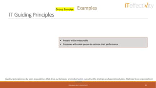 IT Guiding Principles
COPYRIGHT 2017, ITEFFECTIVITY 21
• Process will be measurable
• Processes will enable people to optimize their performance
Guiding principles can be seen as guidelines that drive our behavior or mindset when executing the strategic and operational plans that lead to an organizations
success.
Group Exercise
 