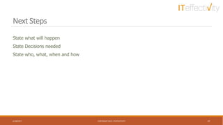 Next Steps
State what will happen
State Decisions needed
State who, what, when and how
6/18/2017 COPYRIGHT 2017, ITEFFECTIVITY 47
 