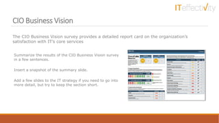 CIO Business Vision
Summarize the results of the CIO Business Vision survey
in a few sentences.
Insert a snapshot of the summary slide.
Add a few slides to the IT strategy if you need to go into
more detail, but try to keep the section short.
The CIO Business Vision survey provides a detailed report card on the organization’s
satisfaction with IT’s core services
 
