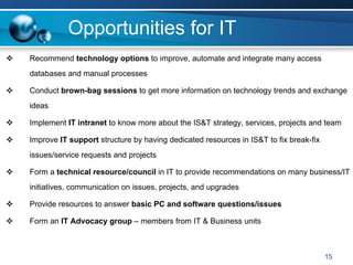 Opportunities for IT
Recommend technology options to improve, automate and integrate many access
databases and manual processes

Conduct brown-bag sessions to get more information on technology trends and exchange
ideas

Implement IT intranet to know more about the IS&T strategy, services, projects and team

Improve IT support structure by having dedicated resources in IS&T to fix break-fix
issues/service requests and projects

Form a technical resource/council in IT to provide recommendations on many business/IT
initiatives, communication on issues, projects, and upgrades

Provide resources to answer basic PC and software questions/issues

Form an IT Advocacy group – members from IT & Business units



                                                                                      15
 