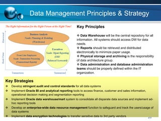 Data Management Principles & Strategy
                                                   Key Principles

                                                      Data Warehouse will be the central repository for all
                                                   information. All systems should access DW for data
                                                   needs.
                                                      Reports should be retrieved and distributed
                                                   electronically to minimize paper usage.
                                                      Physical storage and archiving is the responsibility
                                                   of data architecture group.
                                                      Data administration and database administration
                                                   teams should be properly defined within the IT
                                                   organization.

Key Strategies
   Develop stringent audit and control standards for all data systems
   Implement Oracle BI and analytical reporting tools to access finance, customer and sales information,
   operational decision making and segmentation reporting
   Implement Oracle data warehouse/mart system to consolidate all disparate data sources and implement ad-
   hoc reporting tools
   Develop an enterprise-wide data resource management function to safeguard and track the users/usage of
   data systems
   Implement data encryption technologies to transfer sensitive data to 3rd party vendors                  26
 