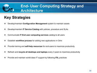 End- User Computing Strategy and
                Architecture
Key Strategies
 Develop/maintain Configuration Management system to maintain assets

 Develop/maintain IT Service Catalog with policies, procedure and SLAs

 Communicate IT End user computing services catalog to all users

 Establish workflow process for adding new applications in Citrix

 Provide training and self-help resources for end-users to maximize productivity

 Refresh and recycle all desktops and laptops every 3 years to maximize productivity

 Provide and maintain world-class IT support by following ITIL practices




                                                                                       30
 