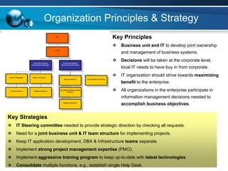 Organization Principles & Strategy
                                                    Key Principles
                                                        Business unit and IT to develop joint ownership
                                                        and management of business systems.
                                                        Decisions will be taken at the corporate level,
                                                        local IT needs to have buy in from corporate.
                                                        IT organization should strive towards maximizing
                                                        benefit to the enterprise.
                                                        All organizations in the enterprise participate in
                                                        information management decisions needed to
                                                        accomplish business objectives.


Key Strategies
   IT Steering committee needed to provide strategic direction by checking all requests.
   Need for a joint business unit & IT team structure for implementing projects.
   Keep IT application development, DBA & Infrastructure teams separate.
   Implement strong project management expertise (PMO).
   Implement aggressive training program to keep up-to-date with latest technologies.
   Consolidate multiple functions, e.g., establish single Help Desk.                                    31
 