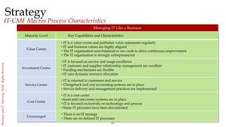 15
BusinessandITAdvisory,©AllRightsReserved
Strategy
IT-CMF Macros Process Characteristics
Managing IT Like a Business
Maturity Level Key Capabilities and Characteristics
Value Centre
• IT is a value centre and publishes value statements regularly
• IT and business values are highly aligned
• The IT organisation uses balanced sc ore cards to drive continuous improvement
• The IT organisation is strongly entrepreneurial
Investment Centre
• IT is focused on service and usage excellence
• IT customer and supplier relationship management are excellent
• Funding mechanisms are flexible
• IT uses dynamic resource allocation
Service Centre
• IT is oriented to customers and service
• Chargeback and cost accounting systems are in place
• Service delivery and management practices are implemented
Cost Centre
• IT is a cost centre
•Asset and cost-centre systems are in place
• IT is focused exclusively on technology and process
• Some IT processes have been documented
Unmanaged
• There is no IT strategy
• There are no defined IT processes
 