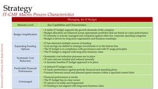 16
BusinessandITAdvisory,©AllRightsReserved
Strategy
Managing the IT Budget
Maturity Level Key Capabilities and Characteristics
Budget Amplification
• A stable IT budget supports the growth demands of the company
• Budget allocation are balanced across appropriate portfolios that are based on value performance
• IT intensity is actively managed and compared against other key corporate spending categories
• Budget is driven by long-term organisation and business roadmaps
Expanding Funding
Options
• IT has attracted multiple sources of funding
• Cost savings are shifted to strategic investments or to the bottom line
• The IT budget is in compliance with governance and with IT usage principles
• The IT budget is aligned with long-term business value
Systematic Cost
Reduction
• Systematic cost reduction processes are in place
• IT unit costs are trended and reduced annually
• A dynamic baseline IT budget approach is in place
Predictable Financial
Performance
• A defined IT budget exists
• IT tracks performance against periodic financial and spending plans
• Variance between actual and planned spend remains within a specified control limit
Unmanaged
• Financial performance is erratic
• The IT budget has no clear owner
• IT spend is invisible and fragmented
• IT funding is not aligned with long-term business value
IT-CMF Macros Process Characteristics
 
