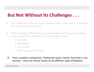 But	Not	Without	Its	Challenges	.	.	.	
1) Canvas	does	not	allow	you	to	set	a	deadline	within	peer	review,	or	to	grade	
the	quality	of	the	peer	review.
2) There	are	several	 different	ways	to	give	feedback	on	Canvas	peer	review,	
some	of	which	miss	the	main	point	of	doing	peer	review.
• Line	edits
• Attach	files
• Use	a	rubric
• Write	a	general	comment
3) From	a	student’s	perspective,	 finding	their	peers’	review	comments	is	not	
intuitive	-- there	are	several	routes	to	see	different	 types	of	feedback.
 