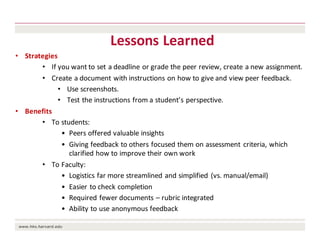 Lessons	Learned
• Strategies
• If	you	want	to	set	a	deadline	or	grade	the	peer	review,	create	a	new	assignment.
• Create	a	document	with	instructions	on	how	to	give	and	view	peer	feedback.
• Use	screenshots.
• Test	the	instructions	from	a	student’s	perspective.
• Benefits
• To	students:
• Peers	offered	valuable	insights
• Giving	feedback	to	others	focused	them	on	assessment	criteria,	which	
clarified	how	to	improve	their	own	work
• To	Faculty:
• Logistics	far	more	streamlined	and	simplified	(vs.	manual/email)
• Easier	to	check	completion
• Required	fewer	documents	– rubric	integrated
• Ability	to	use	anonymous	feedback
 
