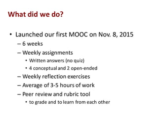 What$did$we$do?
• Launched%our%first%MOOC%on%Nov.%8,%2015
– 6%weeks
– Weekly%assignments
• Written%answers%(no%quiz)
• 4%conceptual%and%2%openPended
– Weekly%reflection%exercises
– Average%of%3P5%hours%of%work
– Peer%review%and%rubric%tool%
• to%grade%and%to%learn%from%each%other
 