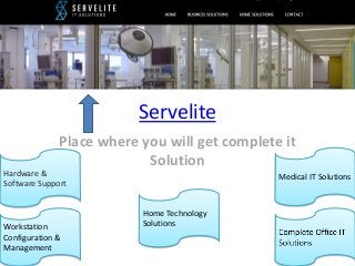 Servelite
Place where you will get complete it
Solution
Workstation
Configuration &
Management
Home Technology
Solutions
Hardware &
Software Support
Medical IT Solutions
 