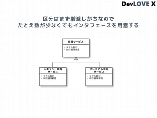 区分はまず増減しがちなので
たとえ数が少なくてもインタフェースを用意する
 