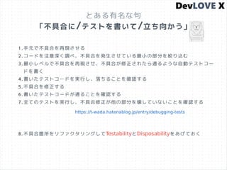 とある有名な句
「不具合に/テストを書いて/立ち向かう」
1.手元で不具合を再現させる
2.コードを注意深く調べ、不具合を発生させている最小の部分を絞り込む
3.最小レベルで不具合を再現させ、不具合が修正されたら通るような自動テストコー
ドを書く
4.書いたテストコードを実行し、落ちることを確認する
5.不具合を修正する
6.書いたテストコードが通ることを確認する
7.全てのテストを実行し、不具合修正が他の部分を壊していないことを確認する
8.不具合箇所をリファクタリングしてTestabilityとDisposabilityをあげておく
https://t-wada.hatenablog.jp/entry/debugging-tests
 