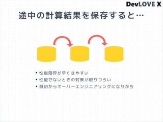 途中の計算結果を保存すると…
●
性能限界が早くきやすい
●
性能でないときの対策が取りづらい
●
最初からオーバーエンジニアリングになりがち
 