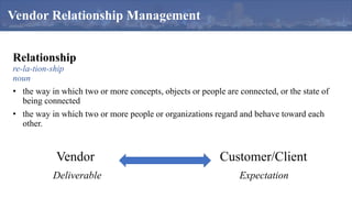 Relationship
re-la-tion-ship
noun
• the way in which two or more concepts, objects or people are connected, or the state of
being connected
• the way in which two or more people or organizations regard and behave toward each
other.
Vendor Relationship Management
Vendor Customer/Client
Deliverable Expectation
 