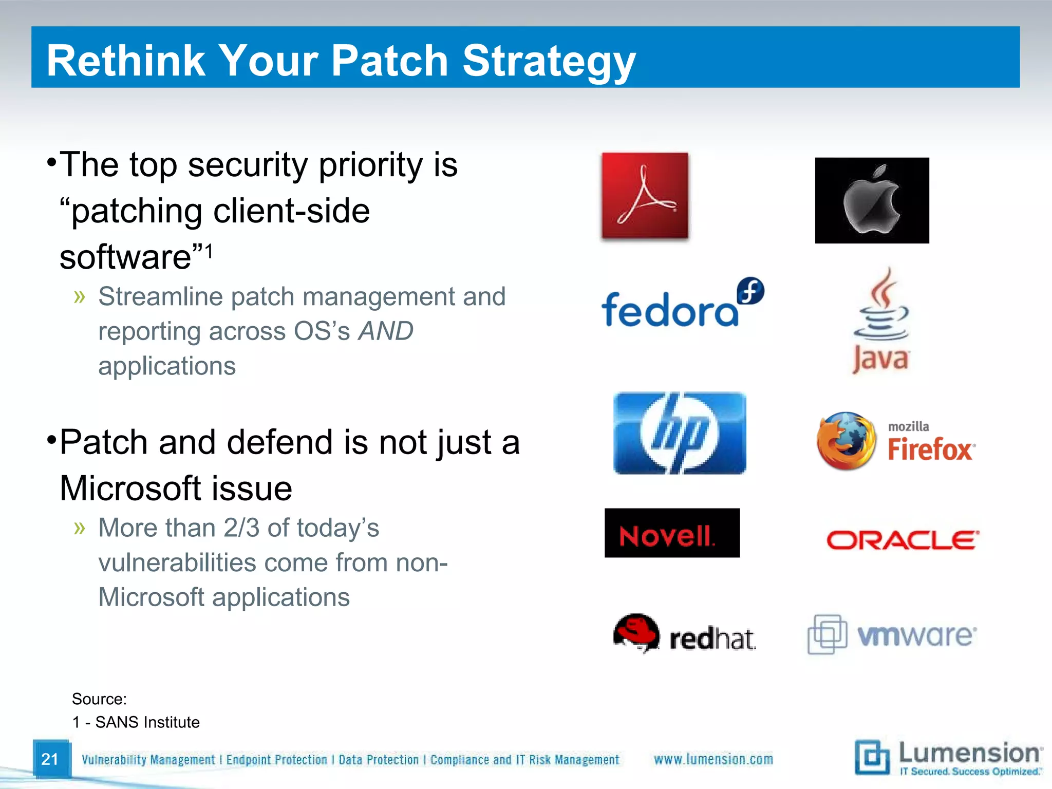 Rethink Your Patch Strategy Source: 1 - SANS Institute The top security priority is “patching client-side software” 1 Streamline patch management and reporting across OS’s  AND  applications Patch and defend is not just a Microsoft issue More than 2/3 of today’s vulnerabilities come from non-Microsoft applications 