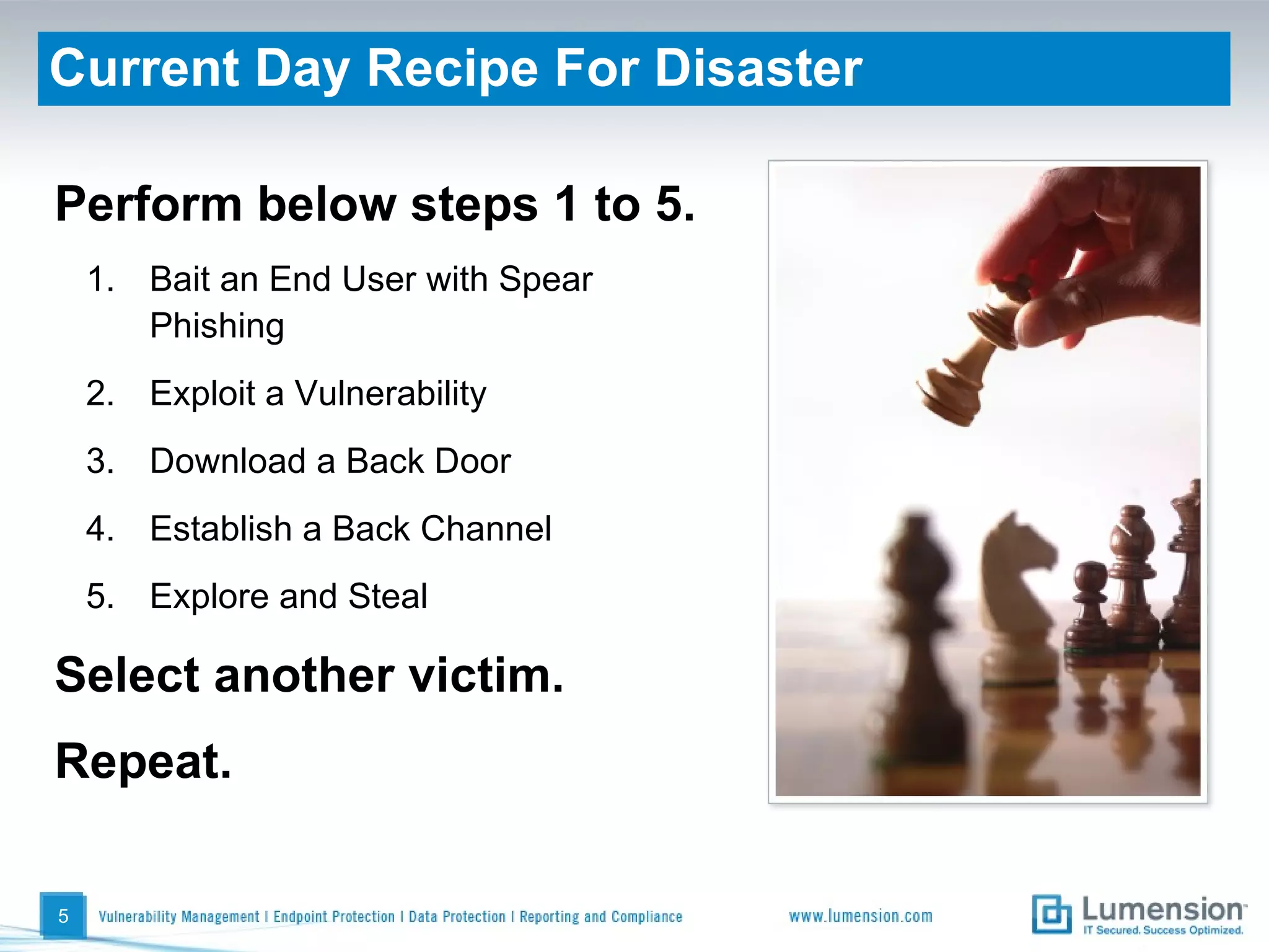 Current Day Recipe For Disaster Perform below steps 1 to 5.  Bait an End User with Spear Phishing Exploit a Vulnerability Download a Back Door Establish a Back Channel Explore and Steal  Select another victim.  Repeat. 