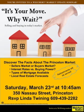 Discover The Facts About The Princeton Market:
              • Sellers Market or Buyers Market?
                                                                                                                                    ill
              • Interest Rates vs. Buying Power?                                                                                ts w
                                                                                                                             en
              • Types of Mortgage Available                                                                           fre shm rved!
                                                                                                                    Re be se
              • Local Real Estate Forecasts



  Saturday, March 23rd at 10:45am
             350 Nassau Street, Princeton
           Rsvp Linda Twining 609-439-2282
If your home is listed with another Real Estate Broker, this is not intended to be a solicitation of that listing
 