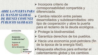 ABRE LA PUERTA PARA
EL MANEJO GLOBAL
DE BIENES COMUNES
PÚBLICOS GLOBALES
 Incorpora criterio de
corresponsabilidad compartida y
diferenciada.
 Cambia relación entre países
desarrollados y subdesarrollados: otro
tipo de cooperación y abre la puerta
para el reclamo de la deuda ecológica…
 Protege la biodiversidad.
 Garantiza derechos de los pueblos.
 Hacia una economía post-petrolera (fin
de la época de la energía fósil).
Respuesta efectiva para enfrentar el
calentamiento global y los cambios
 