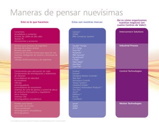 Maneras de pensar nuevísimas
Esto es lo que hacemos: Estas son nuestras marcas:
Así es cómo organizamos
nuestros negocios (en
cuatro Centros de Valor):
Conectores
Acopladores y contactos
Arneses de cables de alto valor
Tarjetas PC
Herramientas y accesorios
Bombas para procesos de ingeniería
Bombas de turbina vertical
Bombas para lodo
Sistemas de ósmosis inversa para agua de mar
Sistemas inteligentes de control y monitoreo de
bombas
Válvulas biofarmacéuticas y de ingeniería
Componentes para atenuación de ruido
Componentes de amortiguación y aislamiento
de vibración
Controladores de velocidad
Accionadores
Válvulas
Amortiguadores
Controladores de movimiento
Sistemas de corte de plasma y control de altura
de antorcha Interruptores y reguladores
Servo motores
Sistemas CNC
Amortiguadores viscoelásticos
Pastillas para frenos
Materiales de fricción
Placas posteriores
Amortiguadores viscoelásticos
Amortiguadores
Cannon®
VEAM
BIW Connector Systems
Goulds®
Pumps
A-C Pump
Pure-Flo®
ProSmart®
PRO Services®
PumpSmart®
C'Treat®
Fabri-Valve®
Dia-Flow®
Cam-Tite®
Enidine®
Enivate®
Cleveland Motion Controls®
Neo-Dyn®
Aerospace Controls
Torque Systems®
Cleveland-Kidder®
Compact Automation Products™
Turn-Act®
Jarret®
Kaliburn™
Burny®
Conoflow®
Jarret®
Galfer
KONI®
Interconnect Solutions
Industrial Process
Control Technologies
Motion Technologies
® en esta página indica una marca comercial de ITT Corporation o una subsidiaria registrada en EE.UU. y muchos otros países.
 