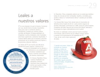 29
Leales a
nuestros valores
ITT es una empresa a la que le importa. Comienza
por casa, donde hemos tomado importantes
pasos para crear un ambiente abierto y
transparente. Guiados por nuestros valores
centrales del Respeto, la Responsabilidad y la
Integridad, nuestros empleados están facultados
para hacer sugerencias y presentar inquietudes. Y
nuestros líderes saben que la inclusión y escuchar
activamente son la manera correcta de inspirar a
las personas y alcanzar objetivos.
Los valores de ITT van mucho más allá de las
paredes de nuestro negocio. Creemos en la
justicia y la honestidad con los clientes, y
nos dedicamos a una amplia gama
de iniciativas ciudadanas que
tocan a nuestras comunidades
de maneras importantes.
En Ostrava, República Checa,
nuestros empleados son
paisajistas y pintores
voluntarios para instalaciones
vecinas que ayudan a niños
con problemas físicos y
mentales graves.
En Shenzhen, China, empleados salieron por la ciudad para distribuir
bolsas de mercado de tela reutilizables, lavables y reciclables para
ayudar a reducir la “contaminación blanca” causada por las bolsas
de plástico.
Y en Seneca Falls, Nueva York, donde tanto el movimiento de
derechos de las mujeres de EE.UU. como nuestro negocio de
bombas industriales comenzaron en 1848, somos los patrocinadores
fundadores del Salón Nacional de la Fama de la Mujer, dedicado a
homenajear los logros sobresalientes de las mujeres.
No existe un catalizador común para las muchas iniciativas
comunitarias, salvo el hecho de que reflejan nuestros valores
y cuentan con la participación de empleados de ITT.
Y esa, tal vez, sea la mejor explicación
de todas.
“Cuando era joven, hubo un
incendio en nuestro
establo, y todos en
Goulds Pumps fueron
bomberos voluntarios.
Goulds es ahora parte
de ITT, pero nuestro
pueblo y la compañía
de ustedes siguen estando
interconectadas. Simplemente,
combinamos”.
Frances T. Barbieri, Educación
Director, Sociedad Histórica de Seneca Falls,
Seneca Falls, Nueva York
P R I M E R A P A R T E : L A C R E A C I Ó N D E U N A N U E V A I T T
 