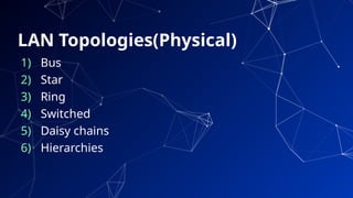 LAN Topologies(Physical)
1) Bus
2) Star
3) Ring
4) Switched
5) Daisy chains
6) Hierarchies
20
 