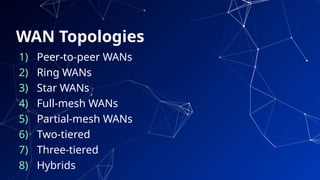 WAN Topologies
1) Peer-to-peer WANs
2) Ring WANs
3) Star WANs
4) Full-mesh WANs
5) Partial-mesh WANs
6) Two-tiered
7) Three-tiered
8) Hybrids
21
 