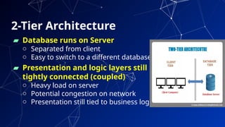 2-Tier Architecture
▰ Database runs on Server
o Separated from client
o Easy to switch to a different database
▰ Presentation and logic layers still
tightly connected (coupled)
o Heavy load on server
o Potential congestion on network
o Presentation still tied to business logic
33
 