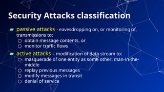 Security Attacks classification
▰ passive attacks - eavesdropping on, or monitoring of,
transmissions to:
○ obtain message contents, or
○ monitor traffic flows
▰ active attacks – modification of data stream to:
○ masquerade of one entity as some other: man-in-the-
middle
○ replay previous messages
○ modify messages in transit
○ denial of service
66
 