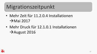 Migrationszeitpunkt
• Mehr Zeit für 11.2.0.4 Installationen
Mai 2017
• Mehr Druck für 12.1.0.1 Installationen
August 2016
10
 