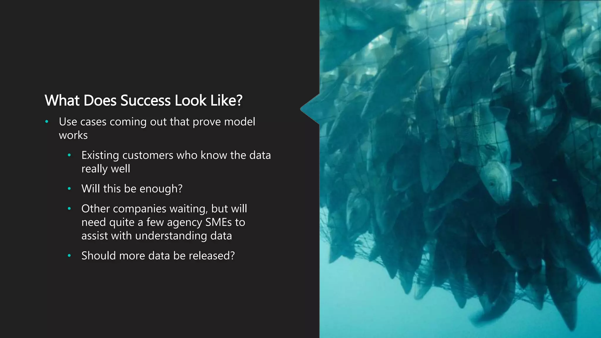 What Does Success Look Like?
• Use cases coming out that prove model
works
• Existing customers who know the data
really well
• Will this be enough?
• Other companies waiting, but will
need quite a few agency SMEs to
assist with understanding data
• Should more data be released?
 