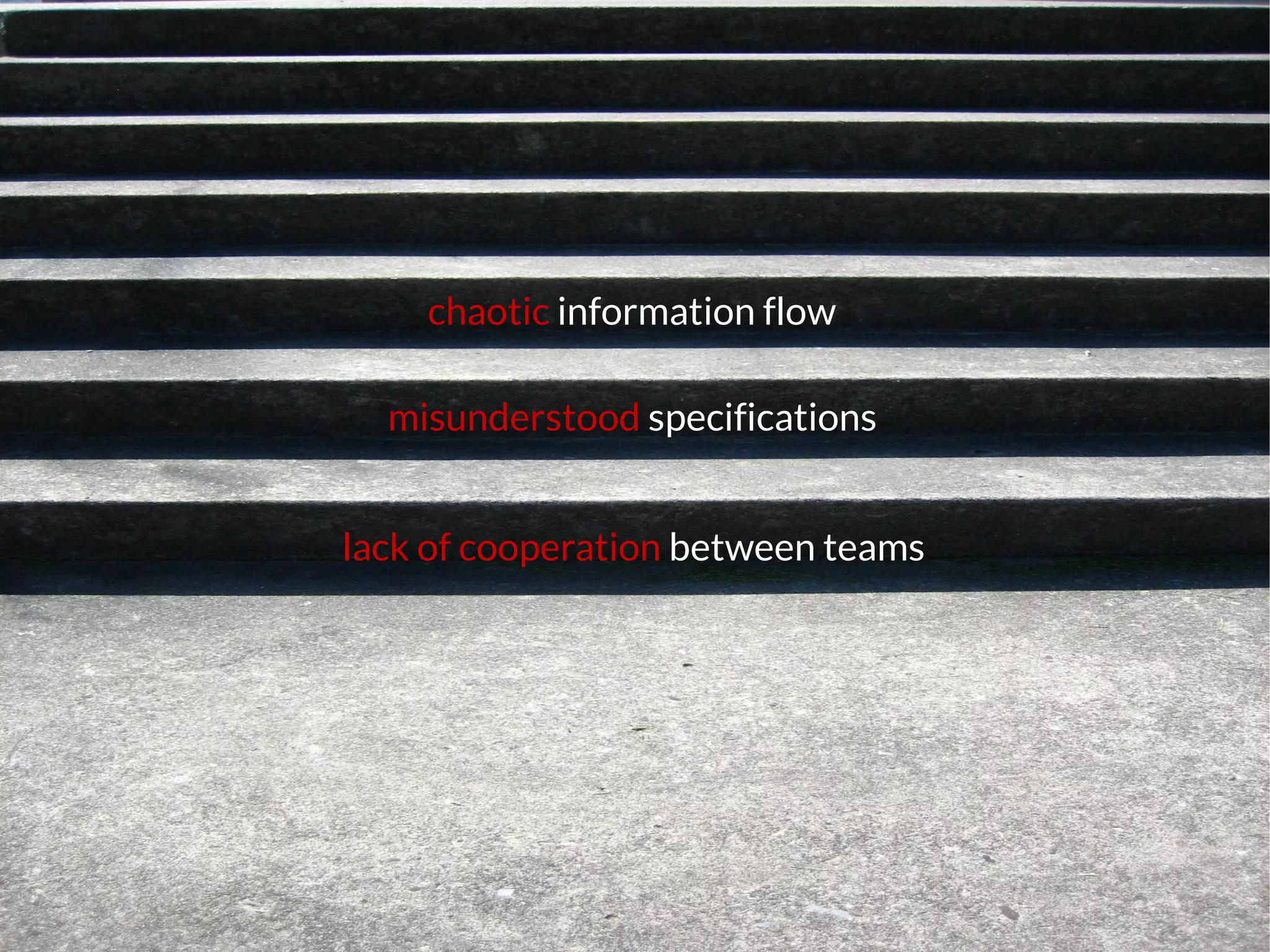 lack of cooperation between teams
misunderstood specifications
chaotic information flow
 