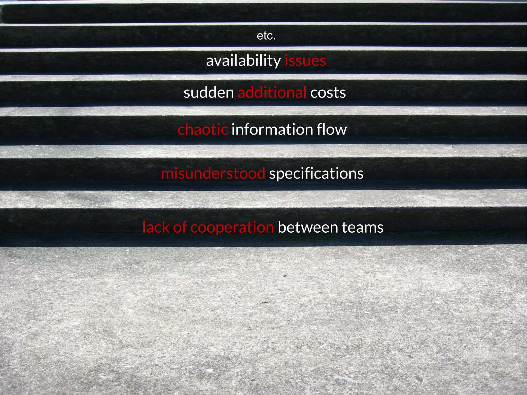 lack of cooperation between teams
misunderstood specifications
chaotic information flow
sudden additional costs
availability issues
etc.
 
