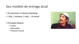 Seu modelo de entrega atual
• On-premises x Cloud computing
• 1 dia, 1 semana, 1 mês ... 6 meses
• Principais fatores
• Custos
• Aprovações
• Processo manual
 